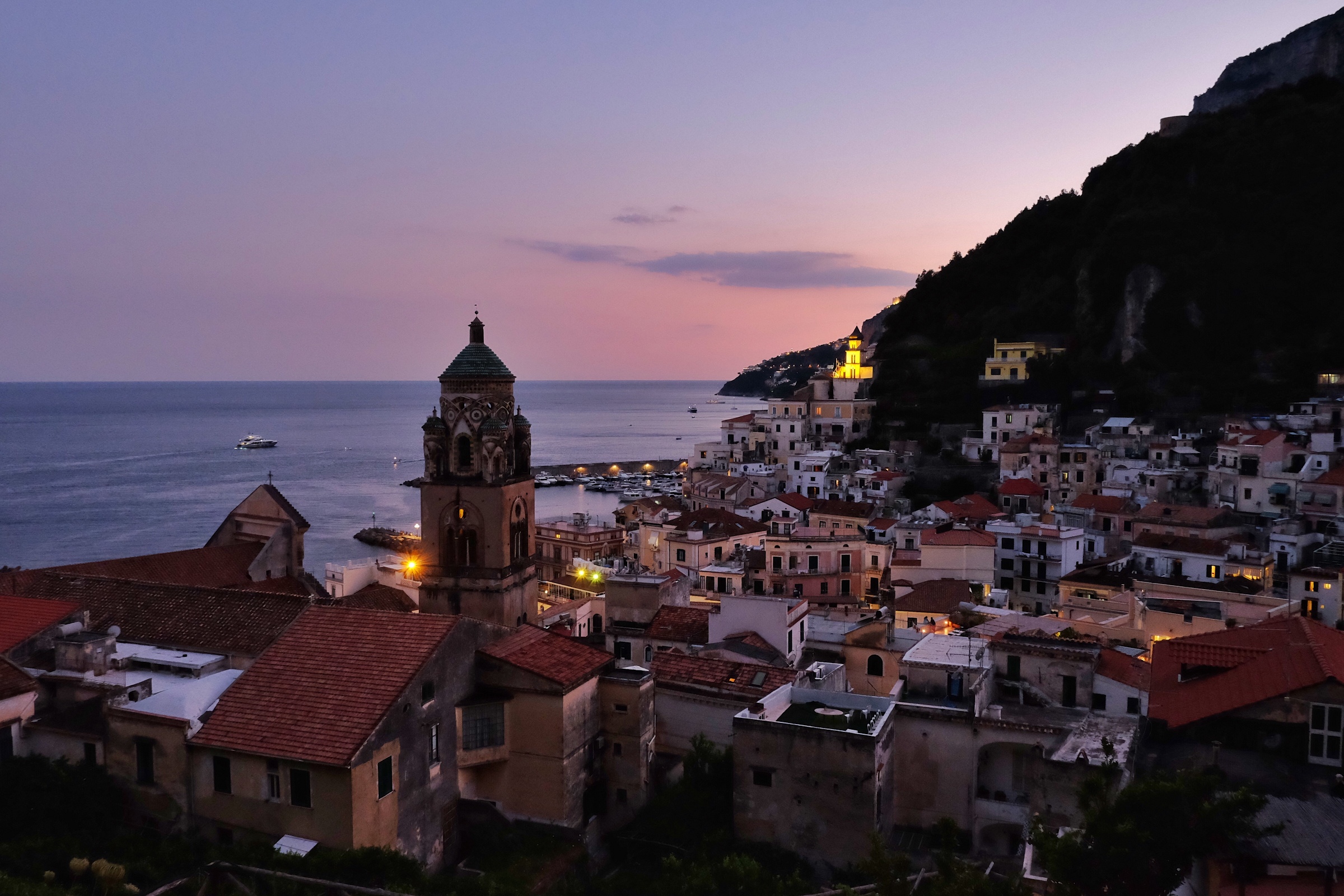 Dusk view from our apartment in Amalfi.