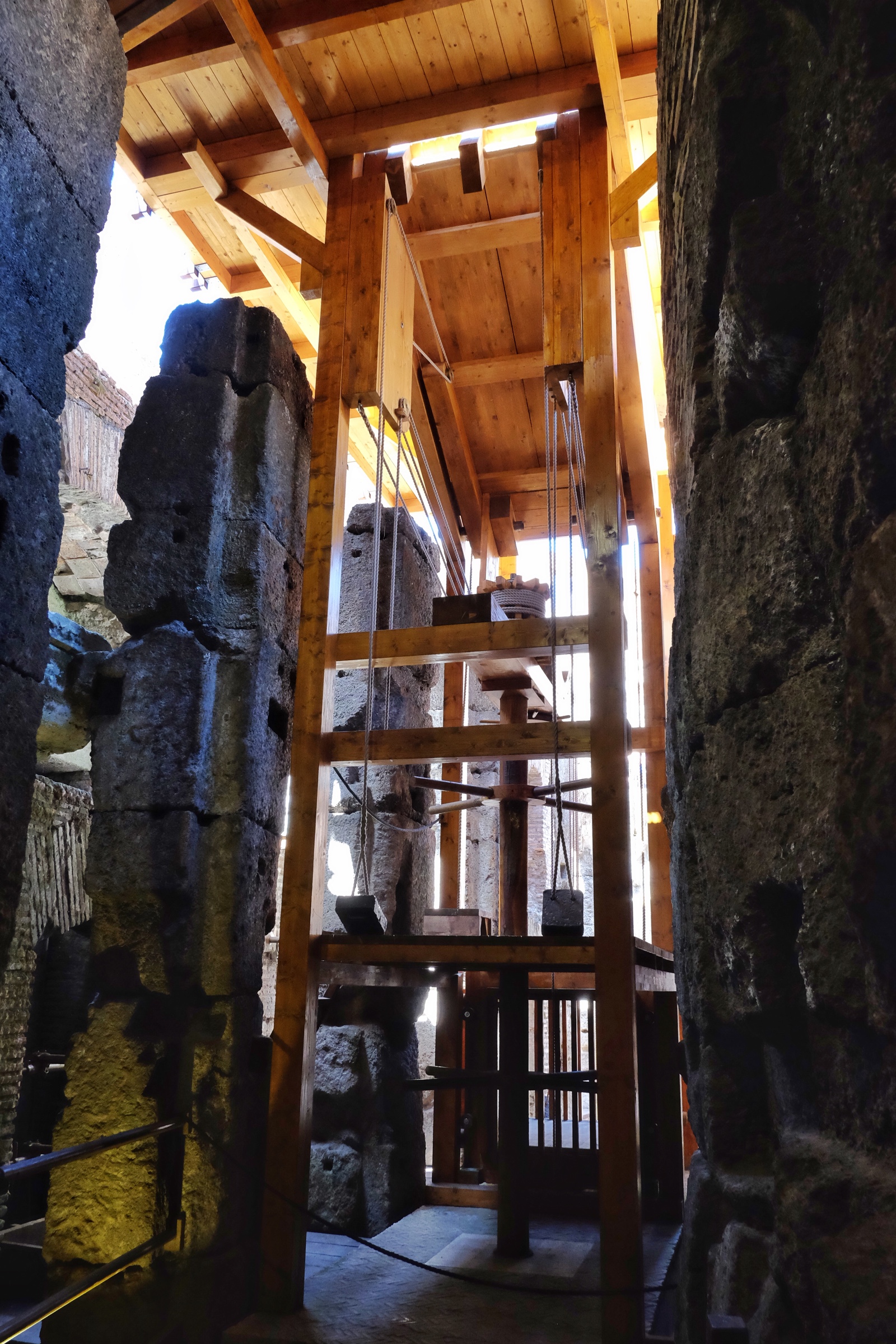 A reconstructed Colosseum elevator used to raise gladiators, animals and other items to the game floor.